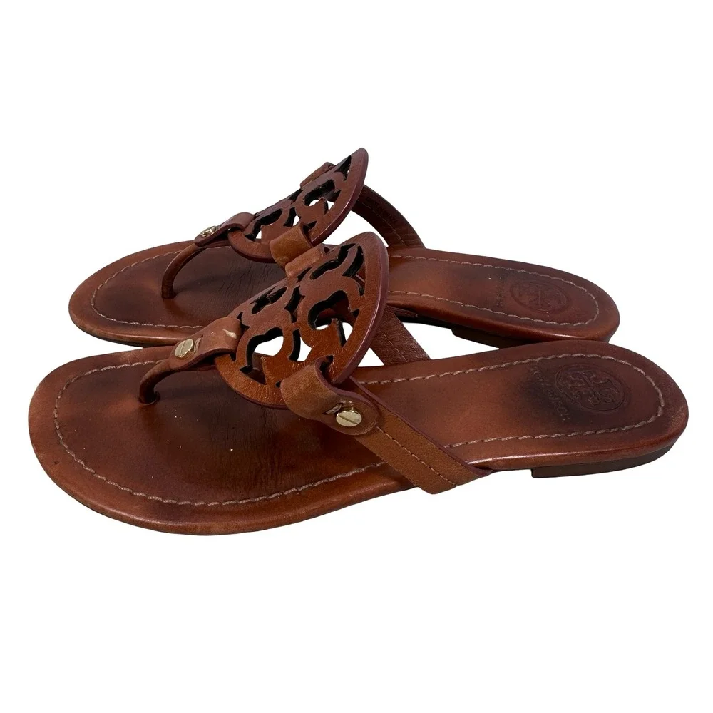 Tory Burch Miller Leather Thong Sandals Royal Tan Brown 6.5 Laser Cut Logo